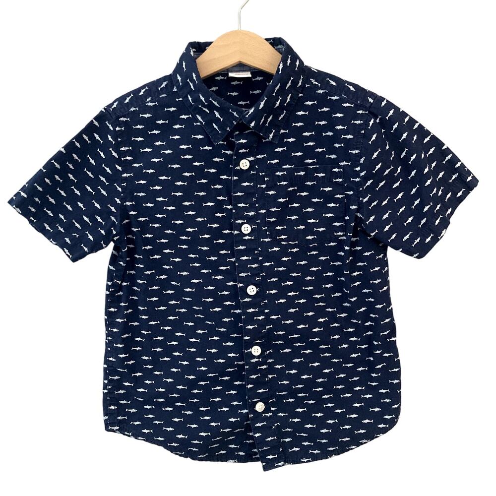 Gymboree Short Sleeve Button Front Oxford - Sharks Fish - Navy Blue - 5T